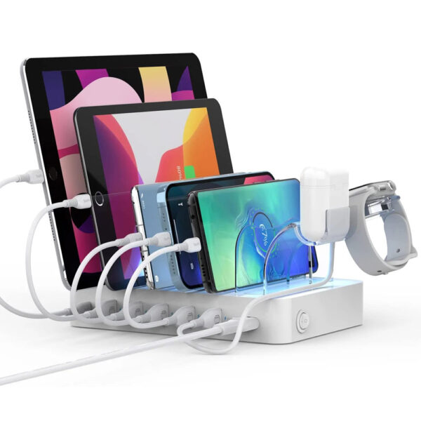 SooPii 60W 6-Port Charging Station for Multiple Devices, PD 20W USB C Fast Charging for lPhone 14/13/12,6 Short Cables Included, 2 in 1 Holder,for Phones