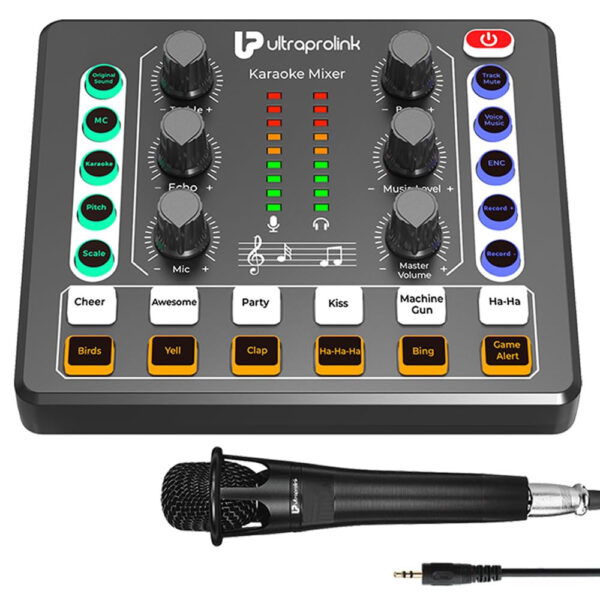 UltraProlink UM1002 Sing Along Pro|Portable Bluetooth Audio Mixer Interface|Sound Card for Karaoke,Podcast,Singing,Live Stream,Broadcast|12 sound